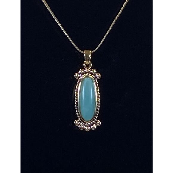 Vintage Premier Designs Oval Blue Stone Gold Tone Pendant Necklace 16 in - Picture 2 of 10